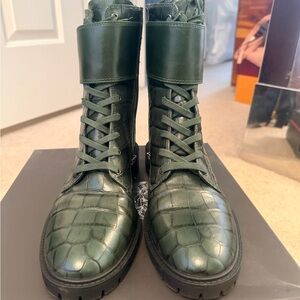 Vince Camuto Dark Green Croc-Embossed Moto Boots